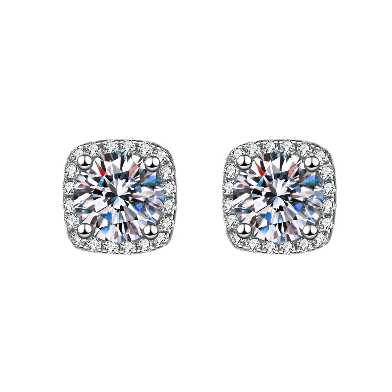Square Geometry Stud Earrings for Women • Copper Base with Electroplated White Gold Finish • Micro-Pavé Imitation Moissanite Sto