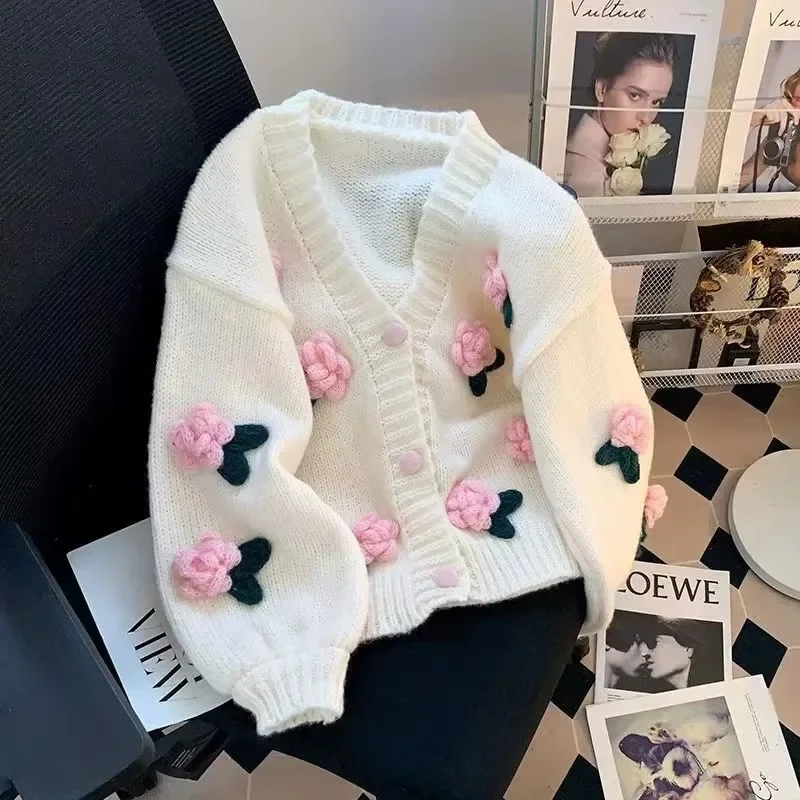 Womens Cardigan Sweaters Fall Oversized Chunky 3d Flower Open Front Knit Sweaters Sweet Trendy Cardigan Sweaters for Women