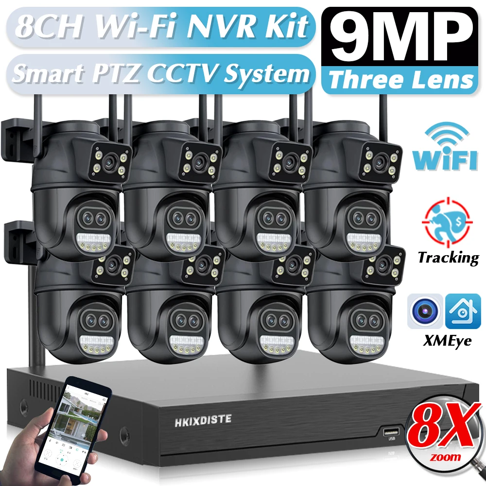 

XMEye 8CH WiFi Surveillance System Wireless NVR Three Lens Security CCTV IP Cameras 9MP 8X Zoom PTZ Outdoor Smart WIFI NVR Kit