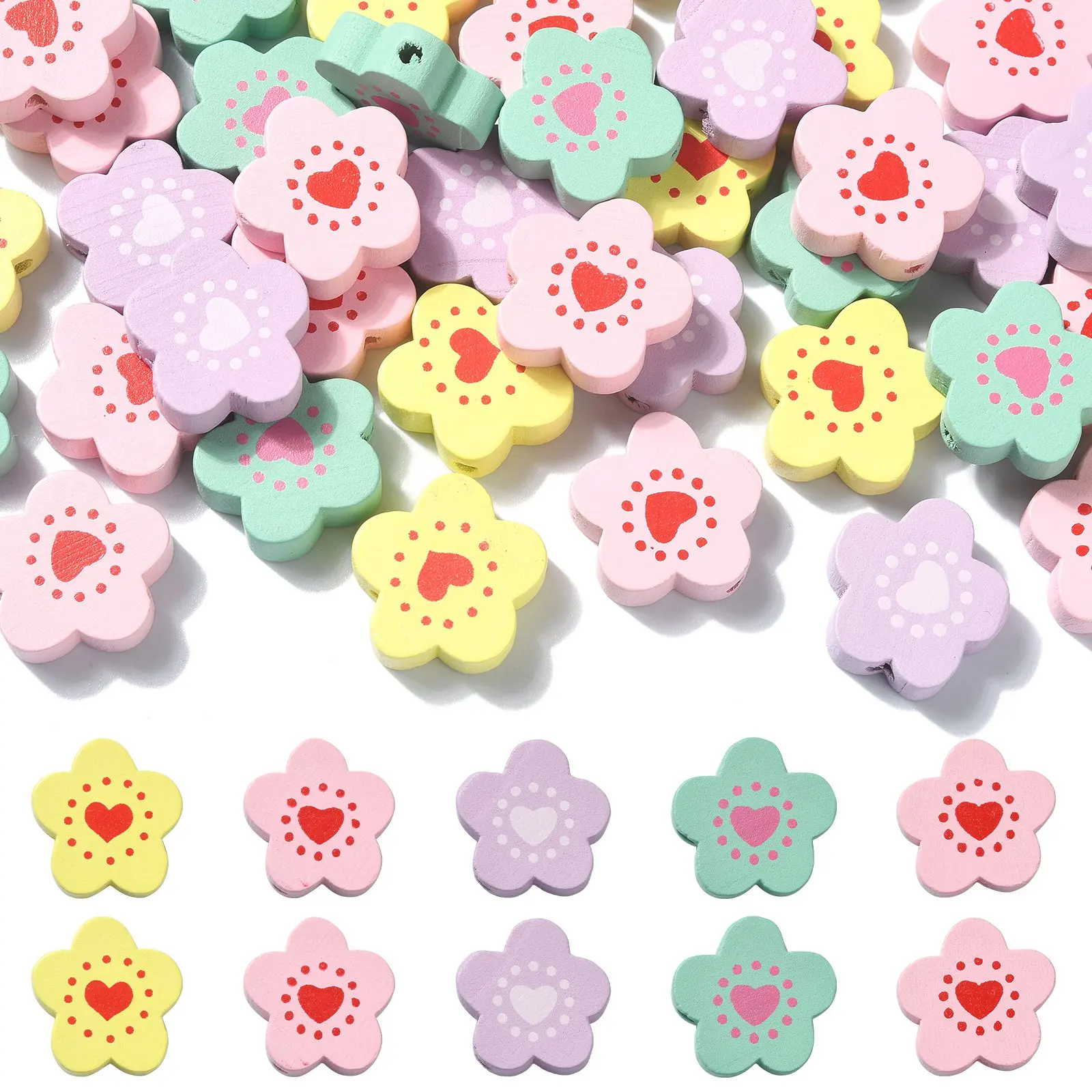 Pandahall 150Pcs 5 Colors Wooden Flower Beads Spray Painted Floral with Heart Beads for Spring Summer Necklace Bracelet Making