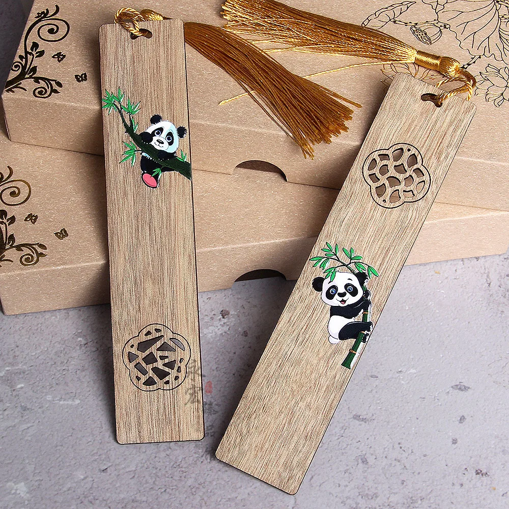 Painted Panda Bookmark Panda Cultural and Creative Wooden openwork bookmark Golden silk nan wood bookmark school supplies