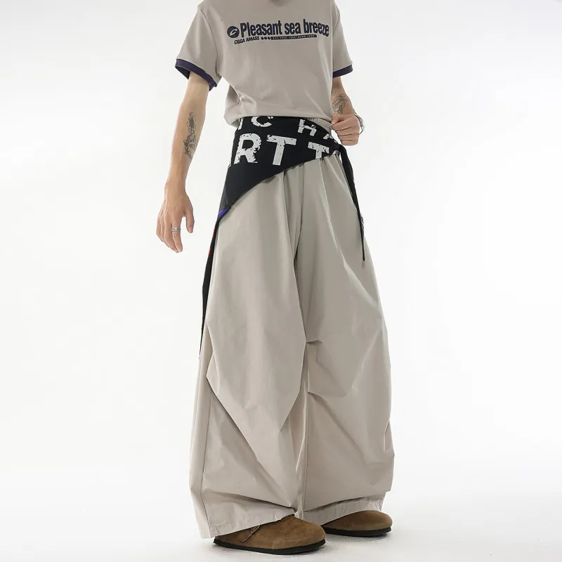 American Retro Workwear Pants Men's Loose Color Block Paratrooper Trousers Casual Hip Hop Brand Wide Leg Pants