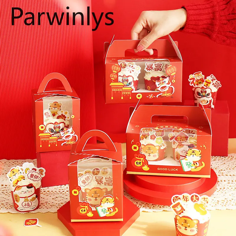 

10-20 PCS Chinese New Year Cupcake Gift Box Red Spring Festival Portable 1 Insert 2 Grid 4 6 Muffin Takeaway Package Wholesale