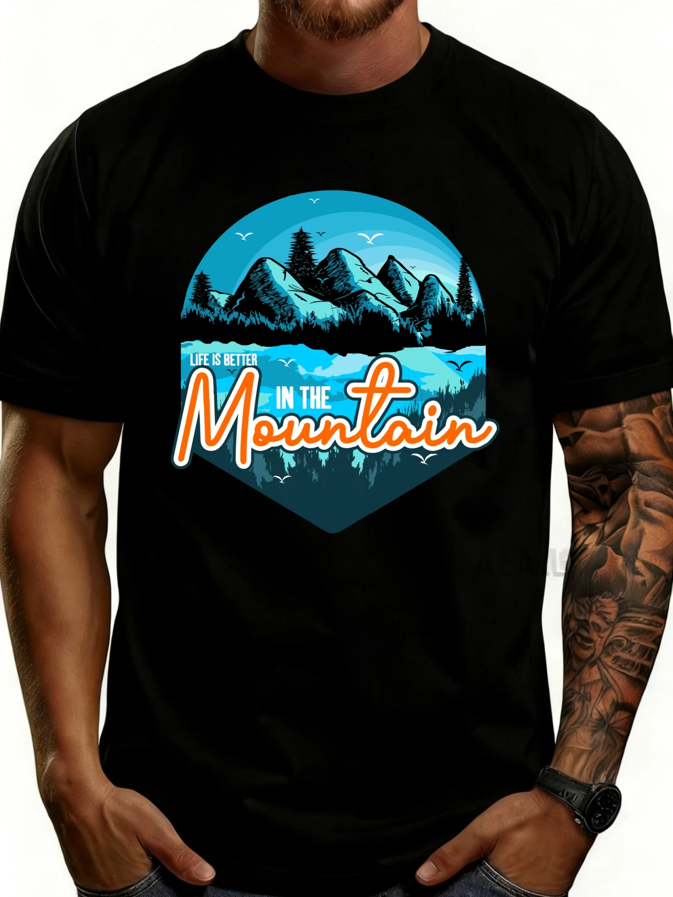 Casual Style Men's T-Shirt with Mountain Scenery Design and Text 