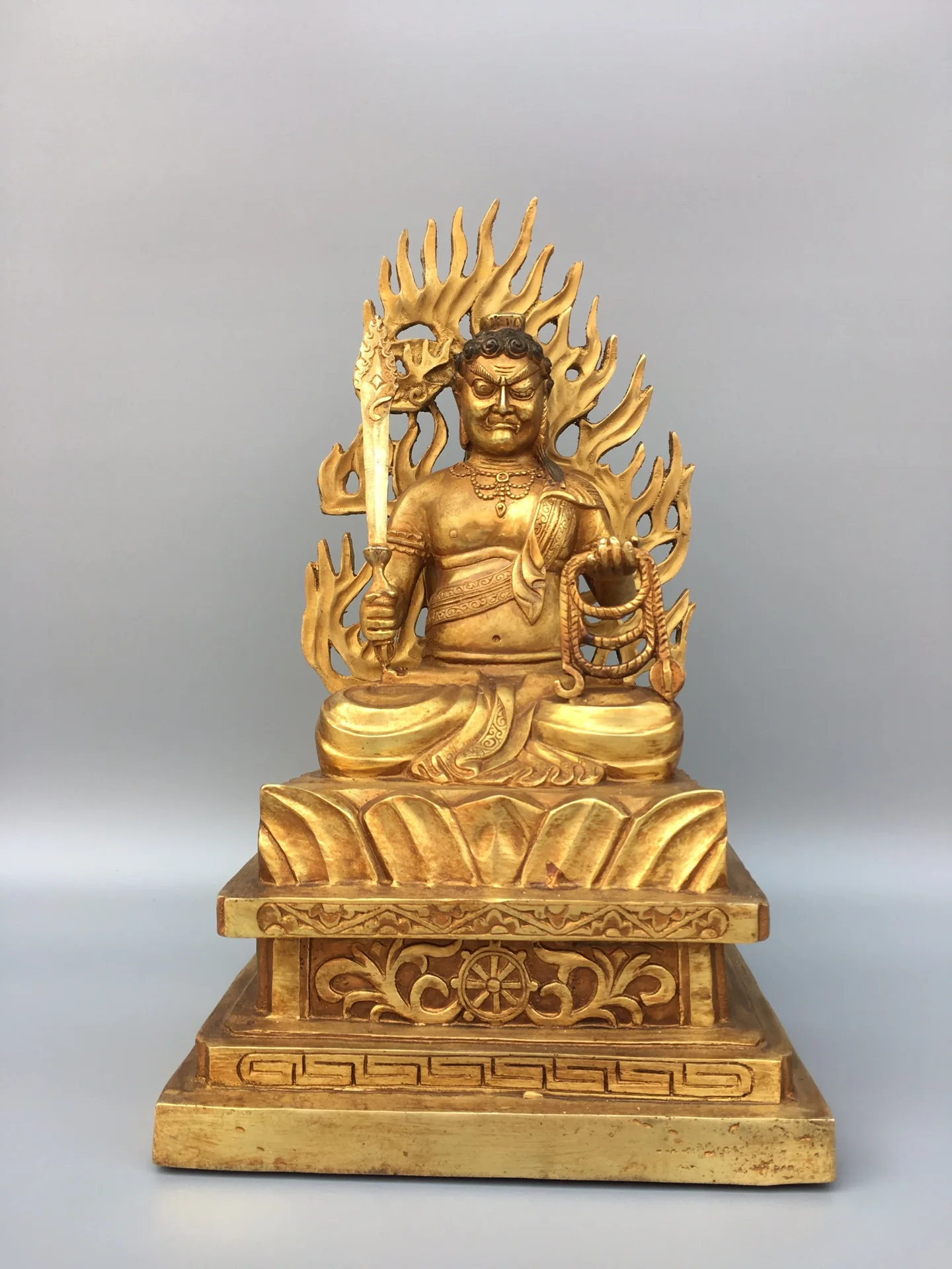 

13"Tibetan Temple Collection Old Bronze Cinnabars Gilded Aryaacalanatha Fudo Acala Sitting on the backlit lotus stand Enshrine