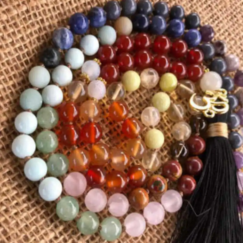 8mm Natural 108 knot colorful gemstone beads tassels necklace Opera length Wood Beads Pendant Choker Bridal Peace Prayer