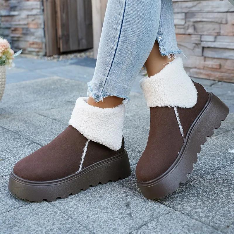 2025 شتاء جديد عالي الجودة سميك القاع صوف مبطن بسيط مريح ودافئ الثلوج الأحذية النسائية الدفء قصيرة التمهيد