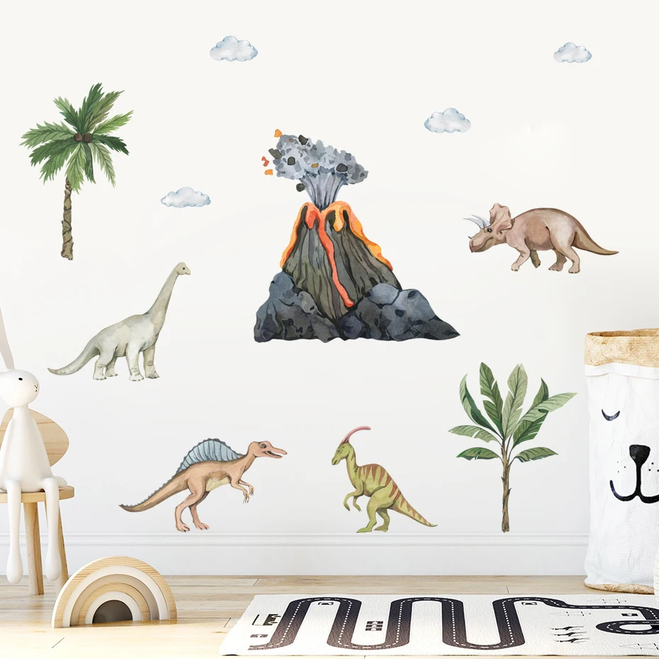 Cartoon Dinosaurs Triceratops Volcanic Eruption Wall Sticker Vinyl Nursery Watercolor Wall Decals Kids Boys Room Home Decor