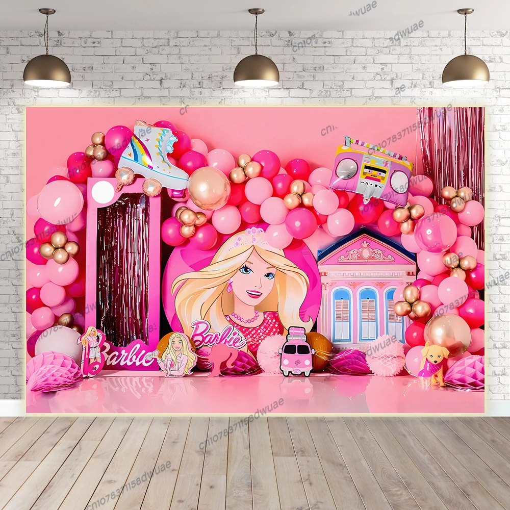 

Barbie Dreamhouse Princess Party Photo Backdrop Girl Birthday Photography Background Pink Banner Picture Supplies Decoration