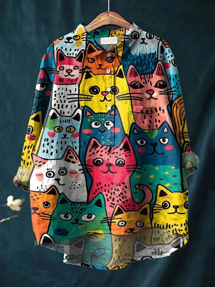 Vintage Colorful Cat Art Pattern 3D Printed Fashion Women's Lapel Long Sleeve Pocket Shirt Spring Casual open tube shirt KT-21