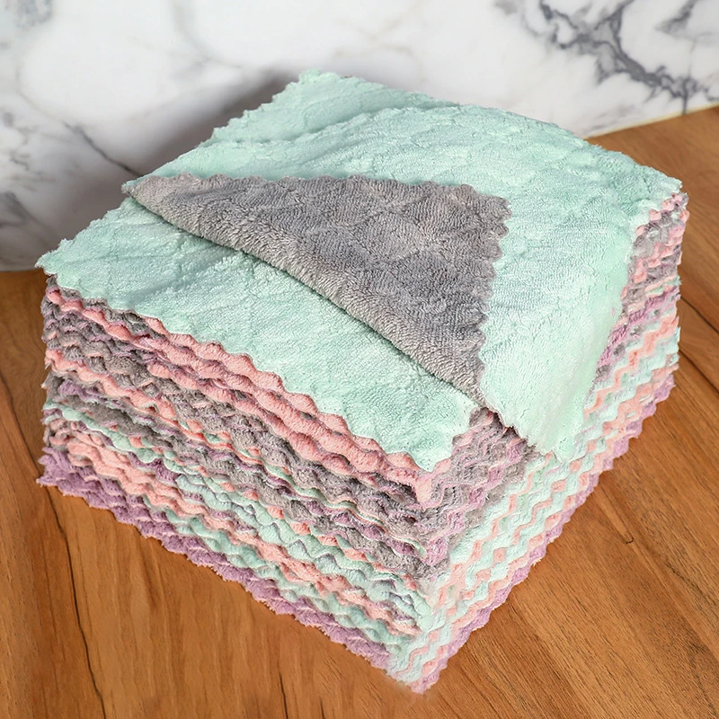 10pcs Multifunctional Two-color Thickening Absorbent Cleaning Rag, Dish Towel, Scouring Pad, Kitchen Non-stick Oil Cloth