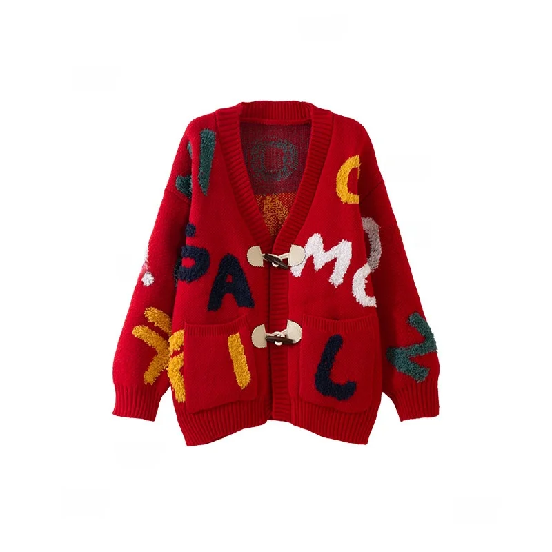 

Свободный вязаный кардиган-пальто красного цвета для женщин, осенне-зимний, новый дизайн, на пуговицах, в корейском стиле, с V-образным вырезом, с длинными рукавами