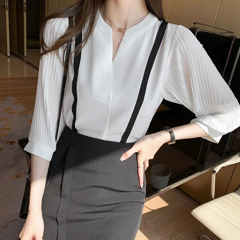 Women Blouses Folds Three Quarter Sleeve Office Lady Patchwork Cozy Chiffon V-neck Temperament All-match Tops Soft Shirt Female