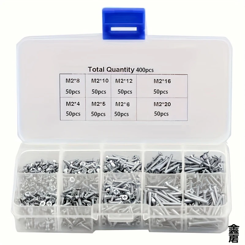 400pcs/800pcs Self Tapping Wood Screws Set M2 Phillips Flat Head Sheet Metal Screw Self Lock Nut Wood Thread Nail Screw Sets