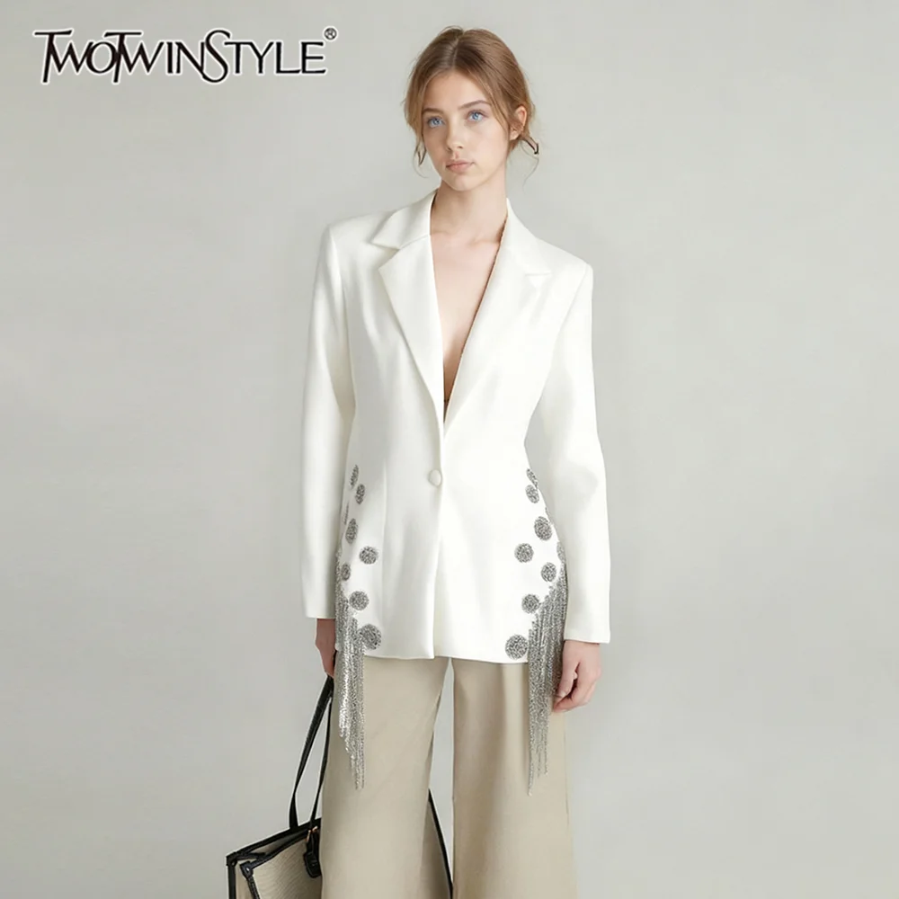 

TWOTWINSTYLE solid spliced tassels elegant blazers for women lapel long sleeves patchwork appliques fashion blazer female new