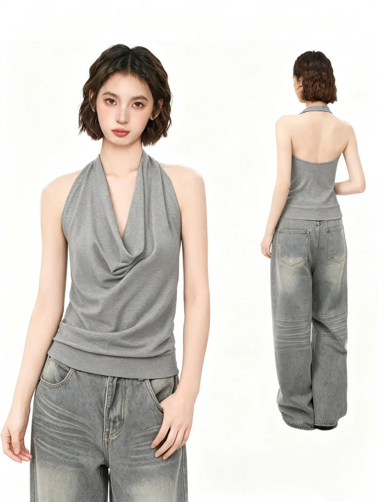 Sexy Backless Strap Vest Women's plus Size Slim Fit Inner Wear Base Layer Casual Style U-Neckline High Elasticity Fiber