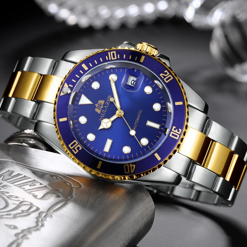 

PAULAREIS P мужские часы классические механические часы с вращающимся безелем для мужчин водонепроницаемые светящиеся автоматические часы из нержавеющей стали мужские