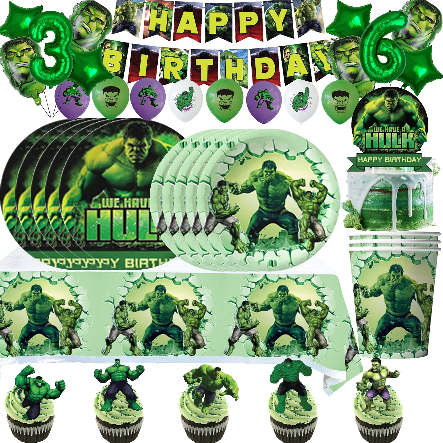 The Avengers Hulk Birthday Party Decorations Plates,Napkins,Paper Cups,Balloon Tablecloth,Banner Cake Birthday Party Supplies