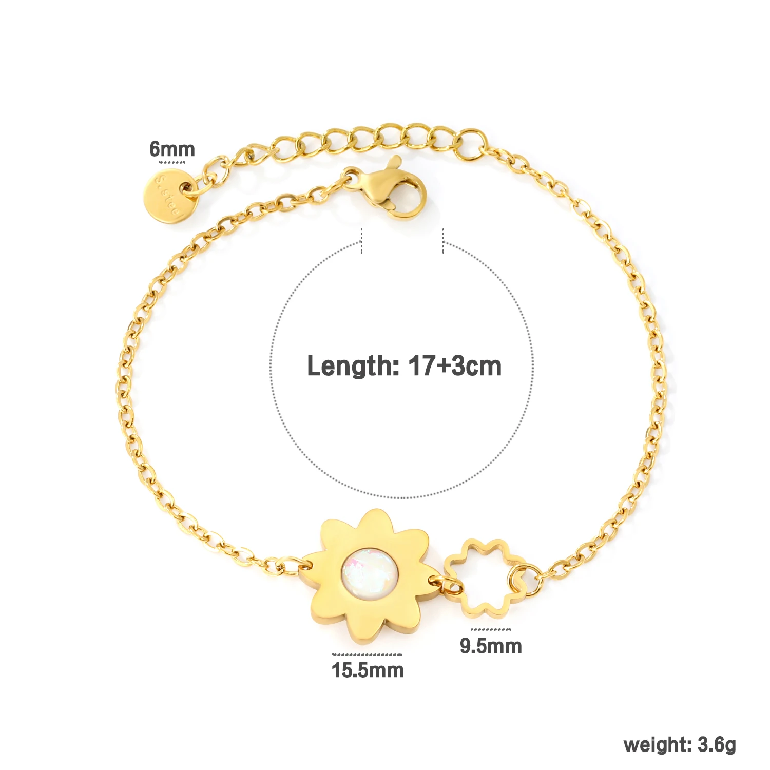 LUXUKISSKIDS Opal Stone Sun Flower Charm Bracelet Gold PVD Plated Stainless Steel Rolo Chain Simply Elegant Wrist Female Jewelry
