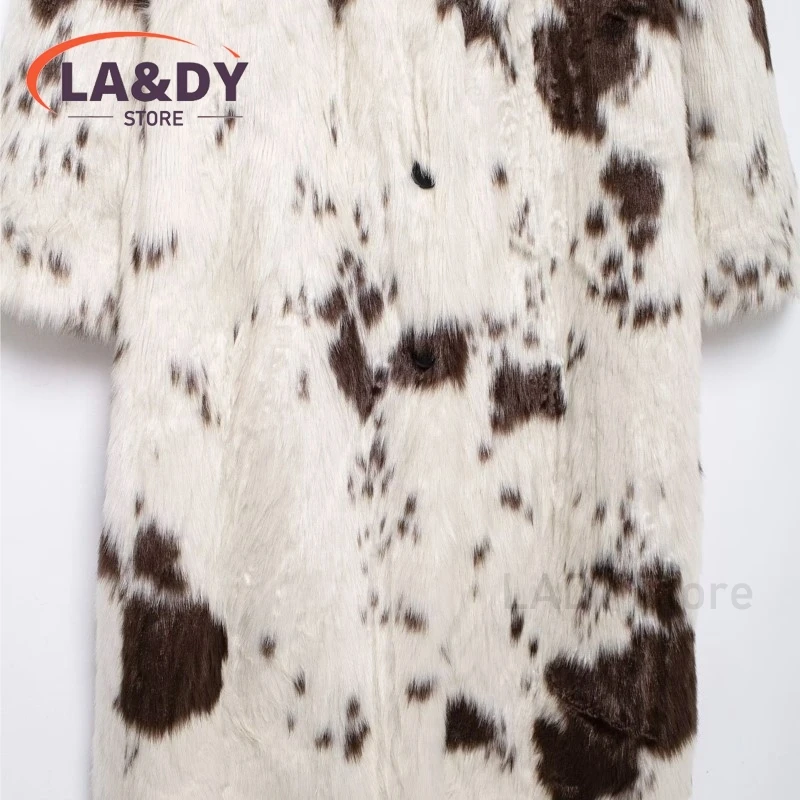 Faux Fur Coat Women 2024 Winter Fashion Simple Loose Animal Printing Female Casual Long Sleeve Warm Outerwears Tops