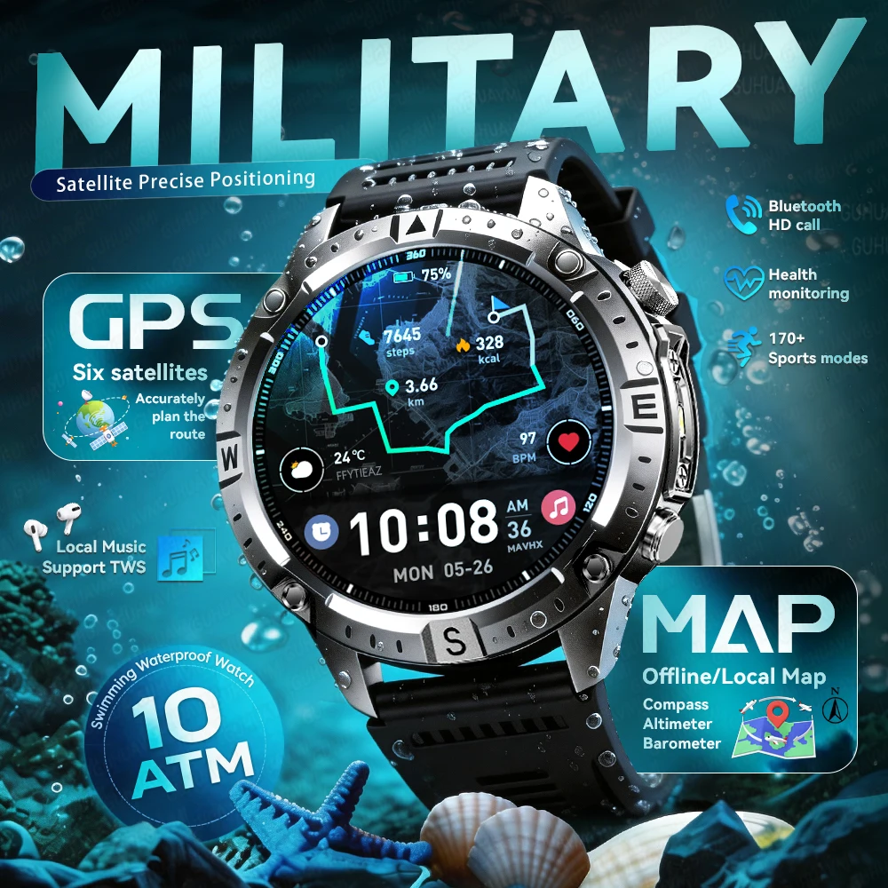 

2026New Military Tank GPS SmartWatch Offline Map 10ATM Swim 2GB RAM Music Altitude Compass Bt Call Fitness Sports Smartwatch Men