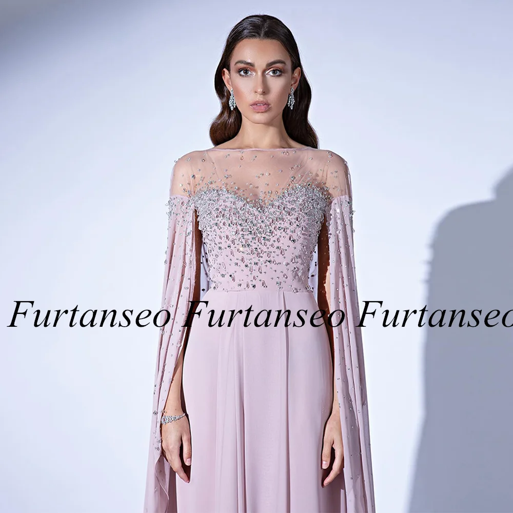 Luxury Beading Prom Dresses for Woman Party Gown Sheer Scoop Crystal Sweep Train Chiffon Saudi Arabian Evening Dress 2024