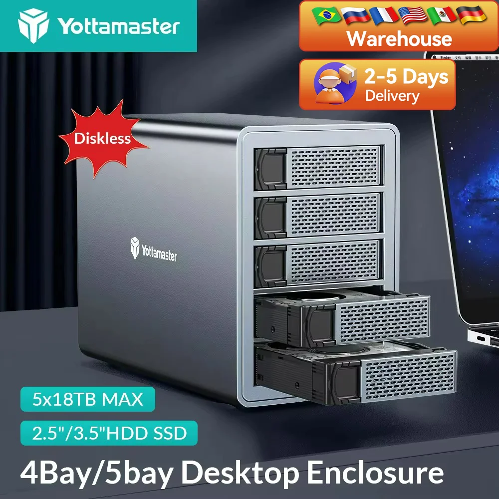 Yottamaster 5 Bay 90TB RAID External Hard Drive Enclosure 150W Power With Cooling Fan 2.5