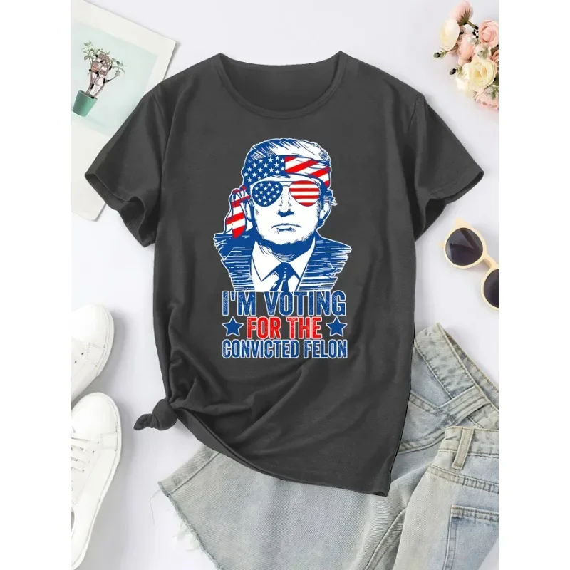 Wiosna Lato Okrągły Dekolt Sportowy Casualowy Codzienny Nosić Damski Casualowy T-Shirt Trump Wzór Okulary przeciwsłoneczne y Harajuku Printed