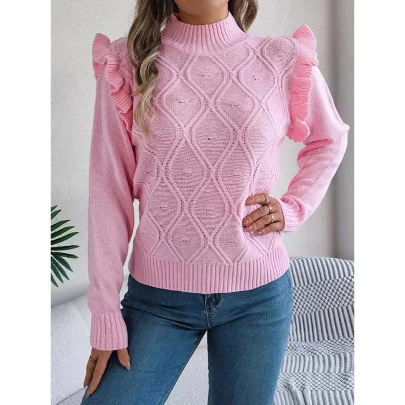 Fall Mushroom Edge Long Sleeve Stand Up Collar Sweater for Women Stylish Loose Solid Color Pullover Casual Ruffled Sweaters Tops