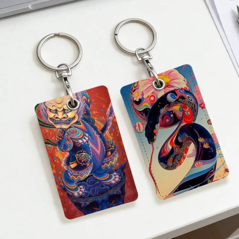 

East Asian Patterns Card Holder Men And Womenn Universal Antirust Keychain PU Learther Access Drop Key Tag Ring