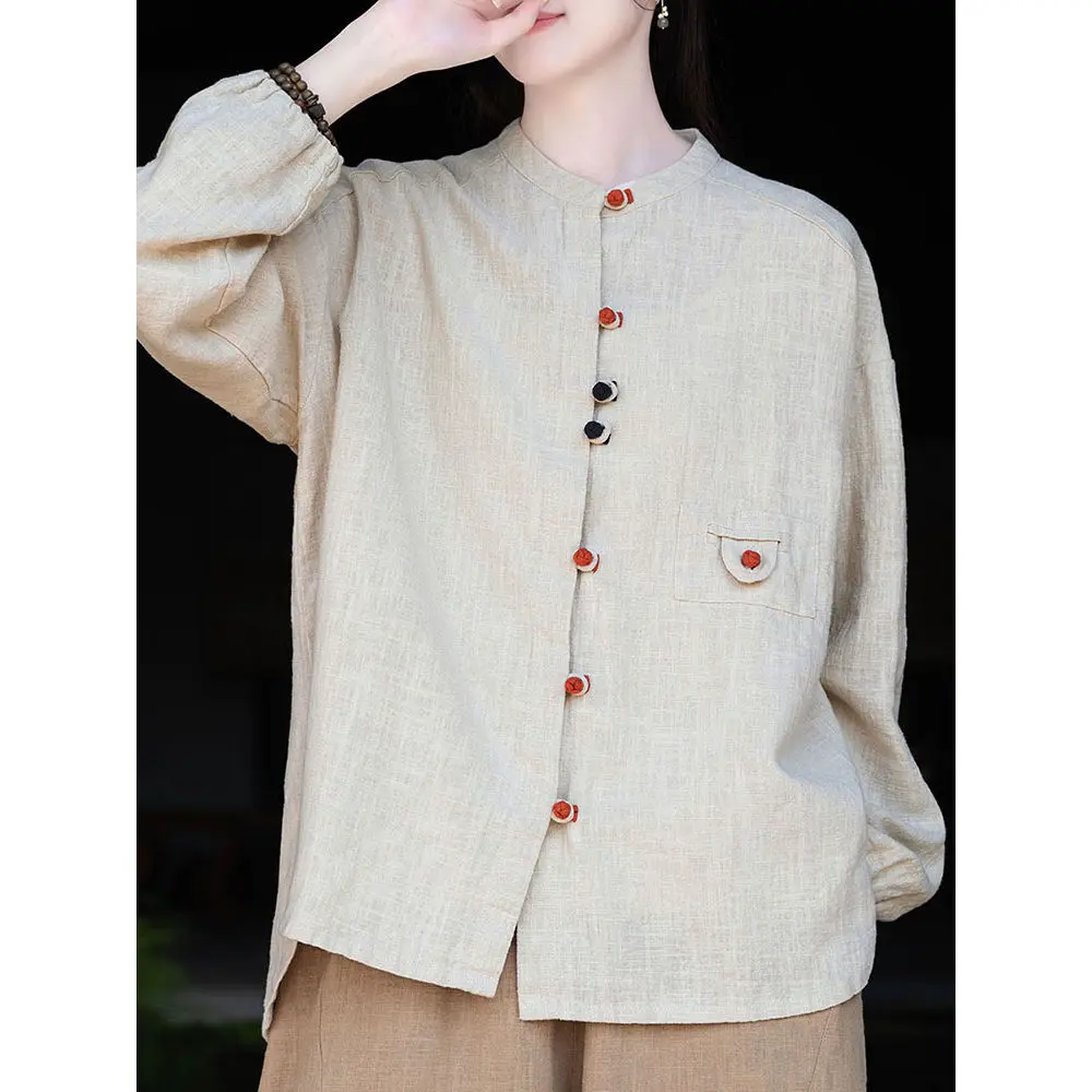 

Женская повседневная рубашка-кардиган с воротником-стойкой, длинным рукавом, из хлопка и льна, с цветными пуговицами, в китайском стиле, ретро, больших размеров