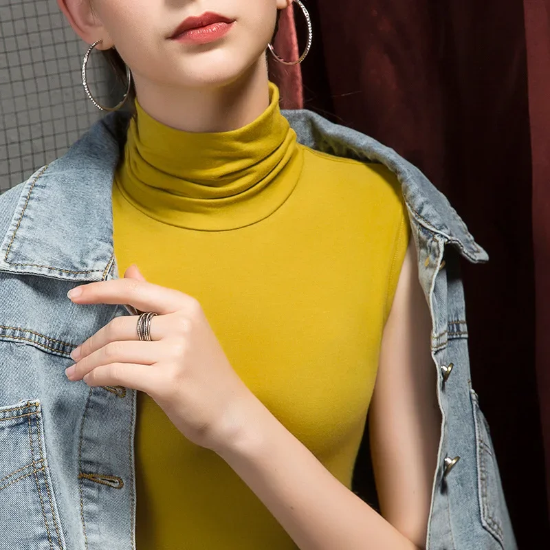 Summer Women Turtleneck Sleeveless Solid Color T-shirts Skinny Slim Fit Grace Tops Female Large Size Modal Sexy Bottom Tee Shirt