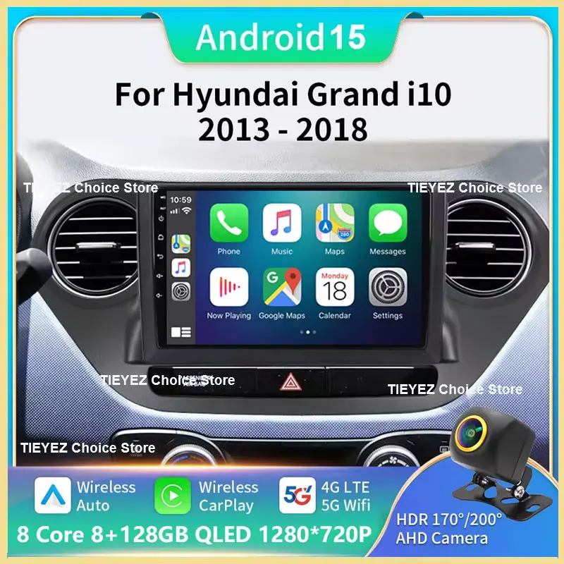 Android 15 coche para Hyundai Grand i10 2013-2018 Radio automática navegación GPS 4G Carplay QLED pantalla táctil NO reproductor Multimidia 2DIN