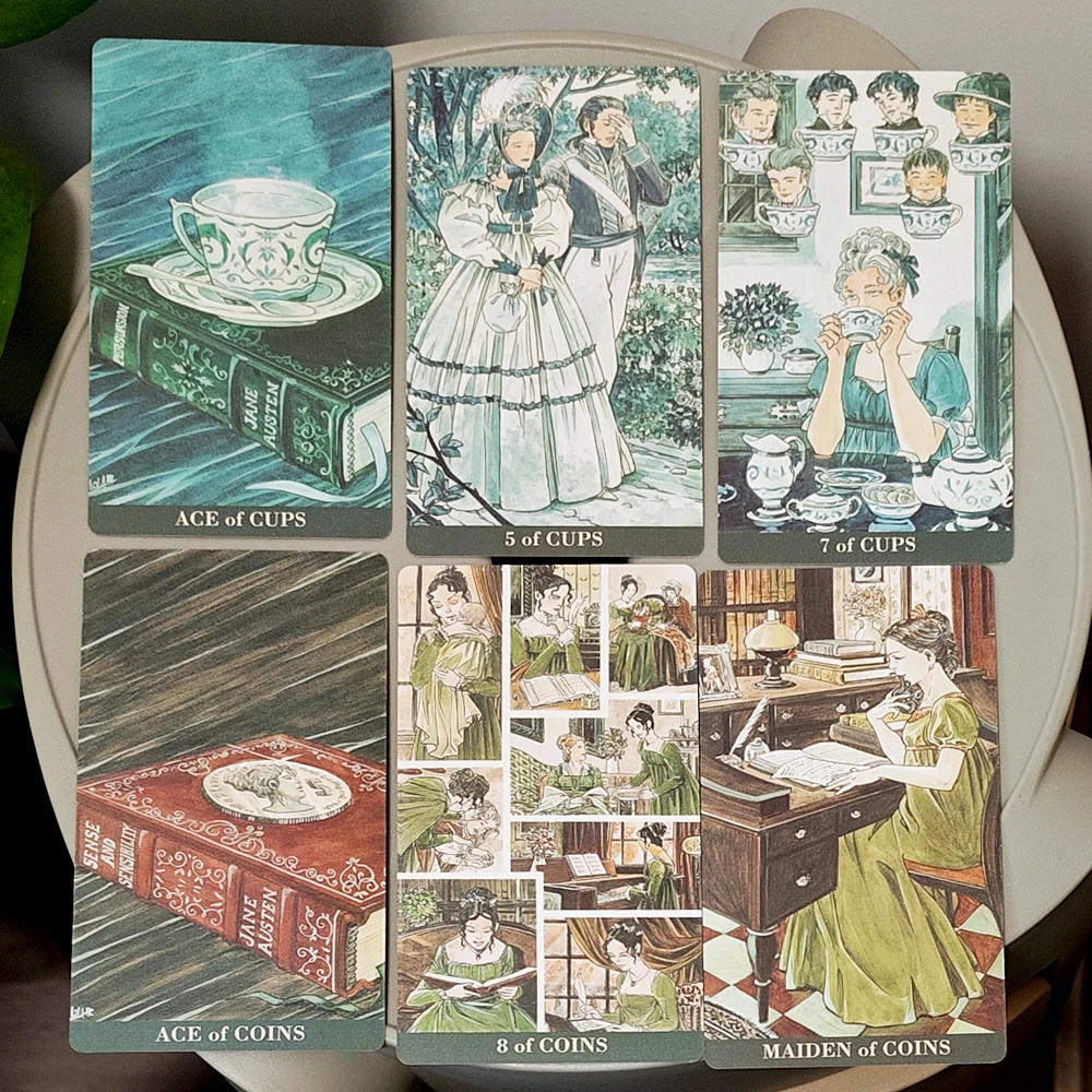 Jane Austen Tarot w sztywnym pudełku - Talia do wróżenia z motywami regencji dla miłośników literatury, 12*7 cm, talia 78 kart