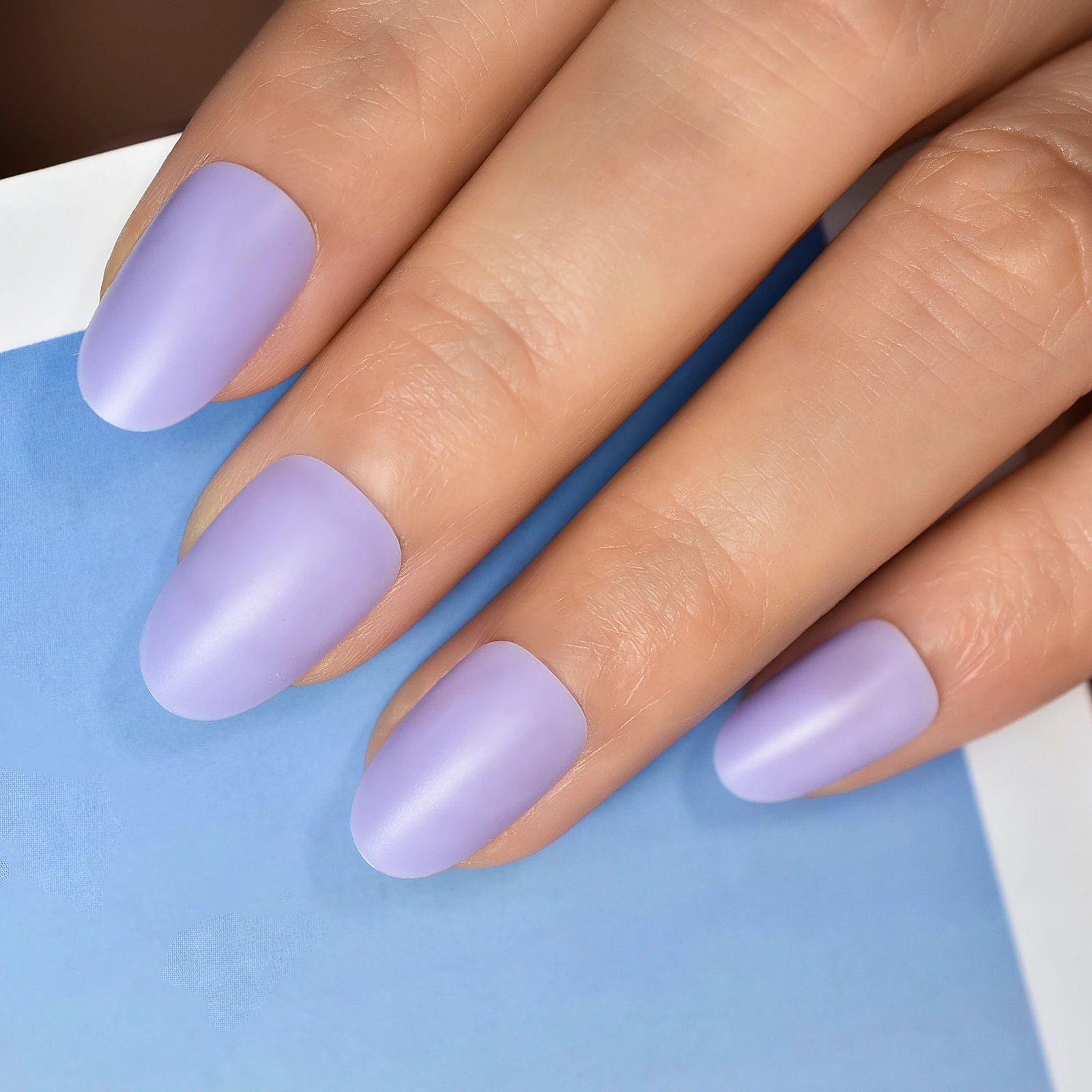 Medium Almond Matte Fingernails Tip Press On Nails Solid Color Purple Violet Color Reusable Simple Design For Daily Wear