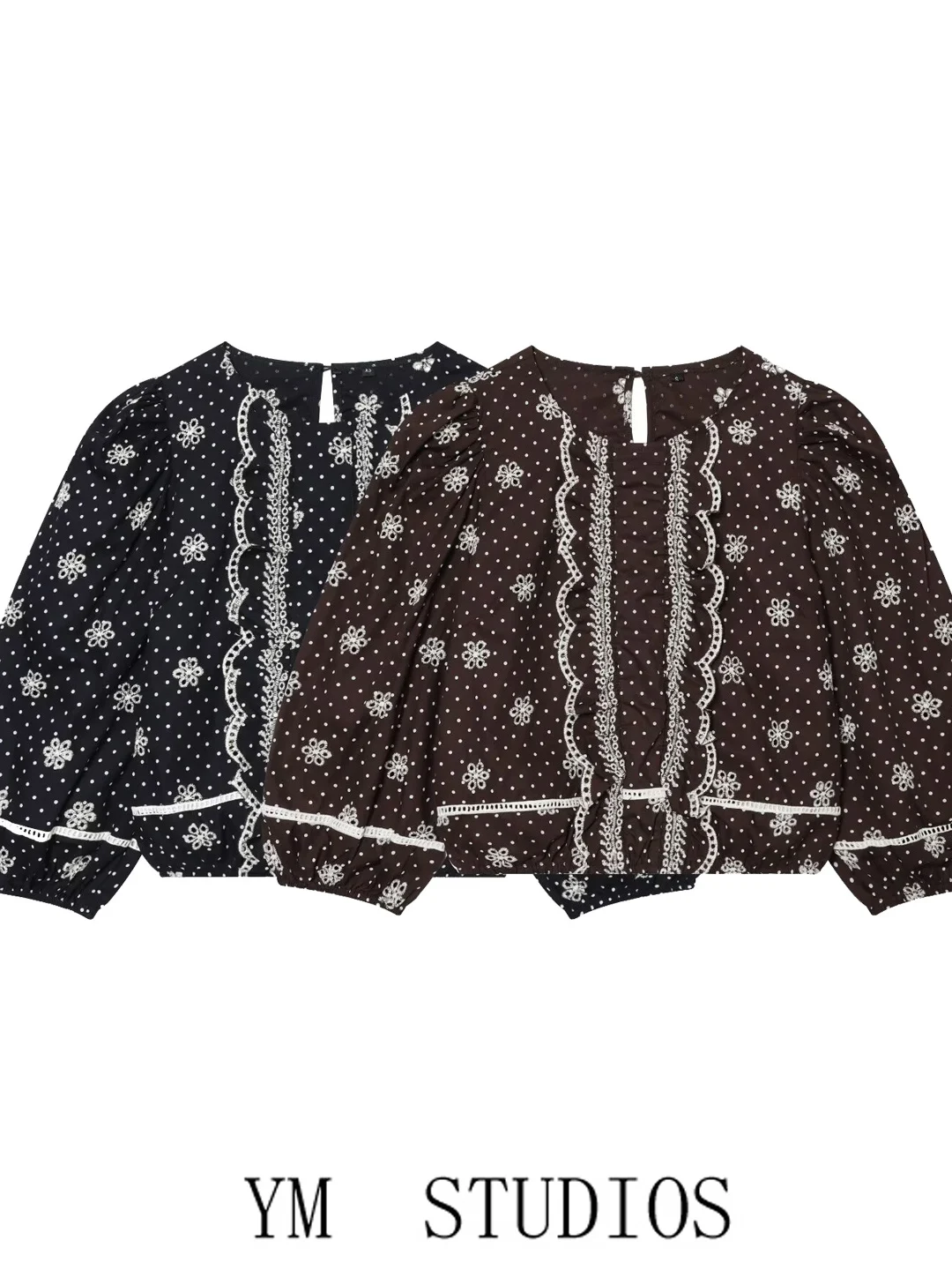 Retro Style Bubble Sleeve Embroidered Hollow Polka Dot Shirt Women's Early Autumn Short Top Loose Fit Cotton Blend Fabric