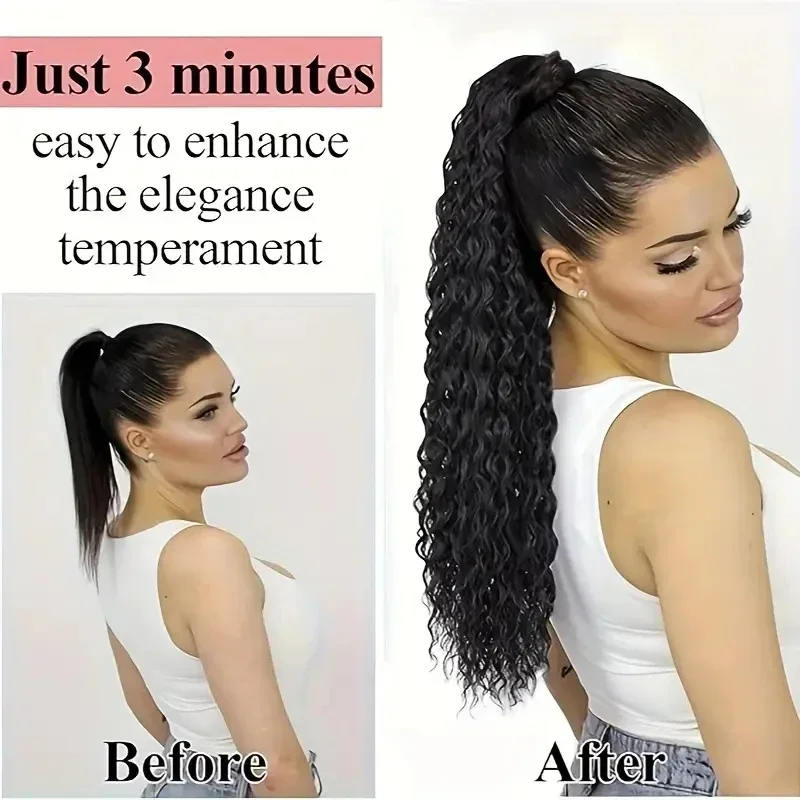 Long Water Curly Ponytail para mulheres, sintético, marrom, profundo, cordão, cabelo falso, 22 ", extensões de cauda de cavalo