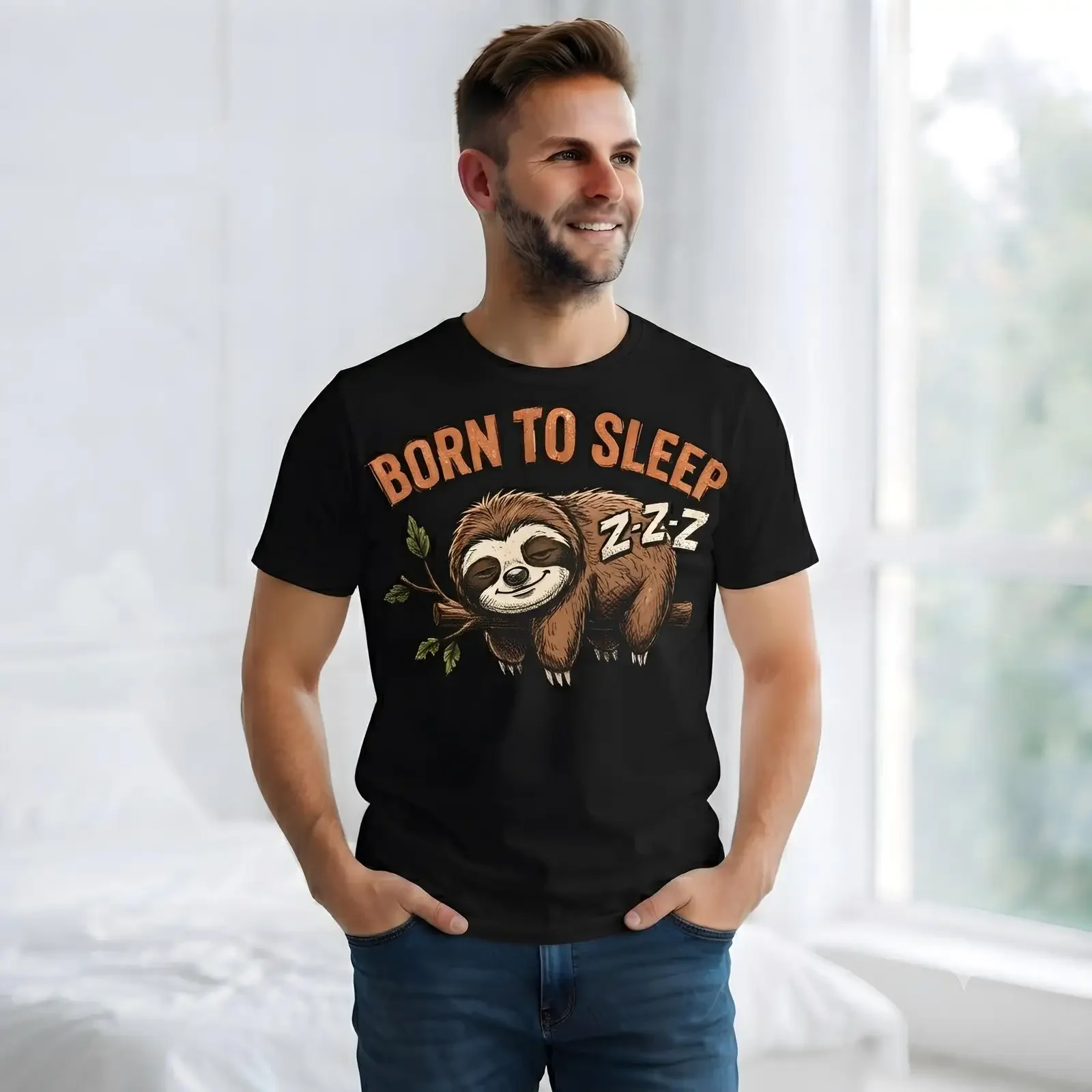 BORN TO SLEEP Funny Sloth T Shirt for Men and Women Humor Chillers Late Sleepers Fans vintage Washed streetwear Stretched