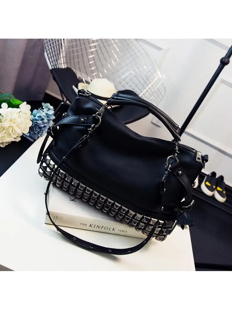 

Женская сумка с узором личи большой емкости, сумка с заклепками Faion, сумка через плечо в стиле панк, сумка из искусственной кожи Sli