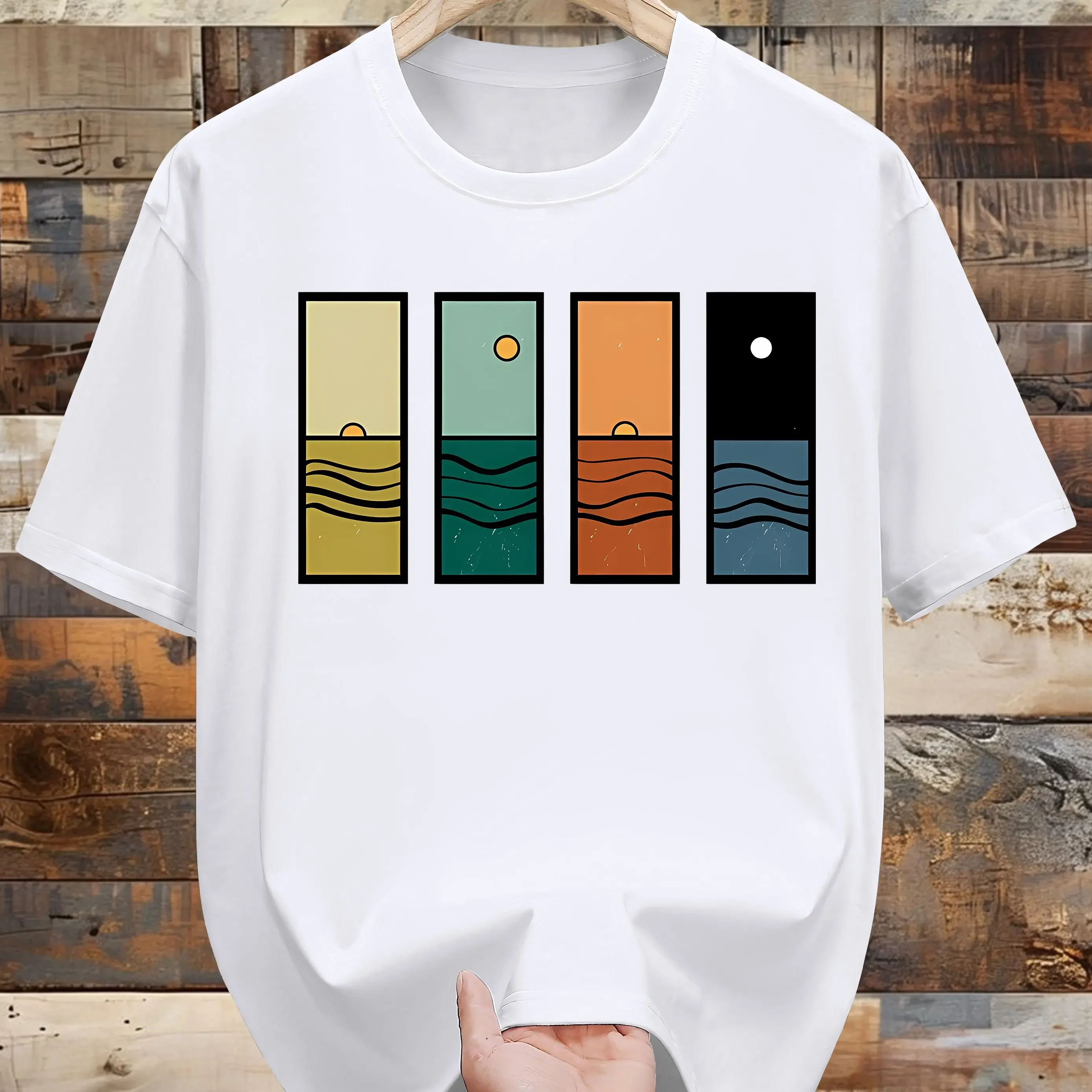 

Minimalist Sunrise Sunset Ocean Waves Graphic Cotton Round Neck Short Sleeve T-Shirt