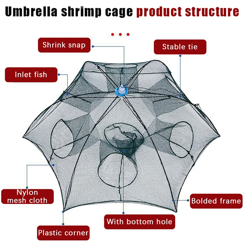 

4/6/8 Holes Automatic Fishing Net Zipper Design Foldable Shrimp Cage Nylon Fish Trap