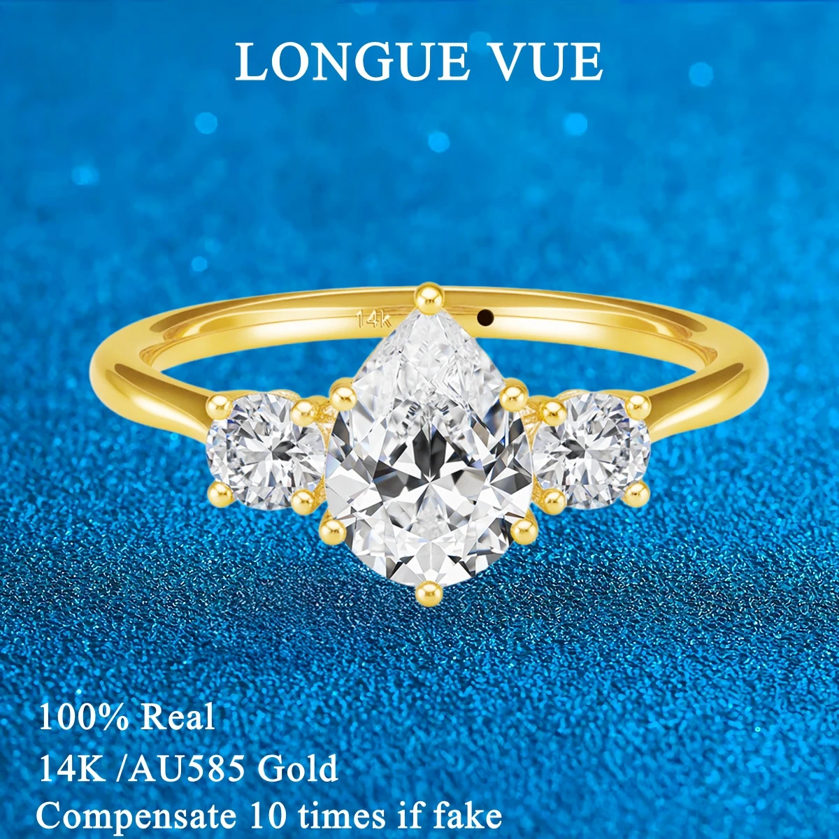 

3CT Pear Cut Moissanite Rings for Women 14K Yellow Gold Three Stone Wedding Band D/VVS Luxury Anniversary Custom Jewelry Gift