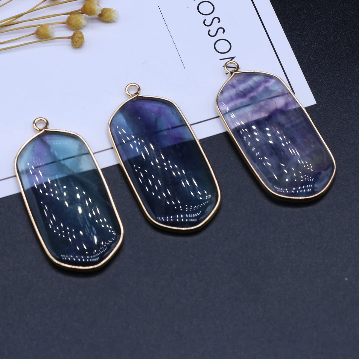 1pc Natural Stone Crystal Pendants Gold Plated Polished Fluorite for Jewelry Making Diy Women Fashion Necklace Earring Gift