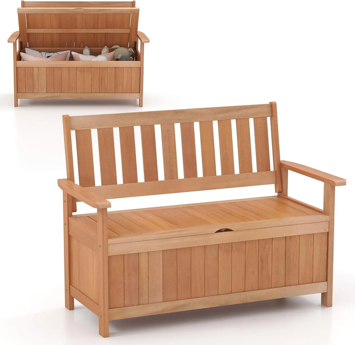 Banc de rangement en bois pour causeuse, grande boîte de pont d'entrée avec arrière-plans à lattes, siège de rangement en bois pour arrière-cour