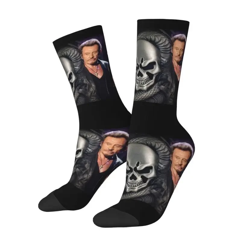 Cool Printed Hallyday Skull Socks for Men Women Stretchy Summer Autumn Winter Heavy Rock French Singer Crew Socks