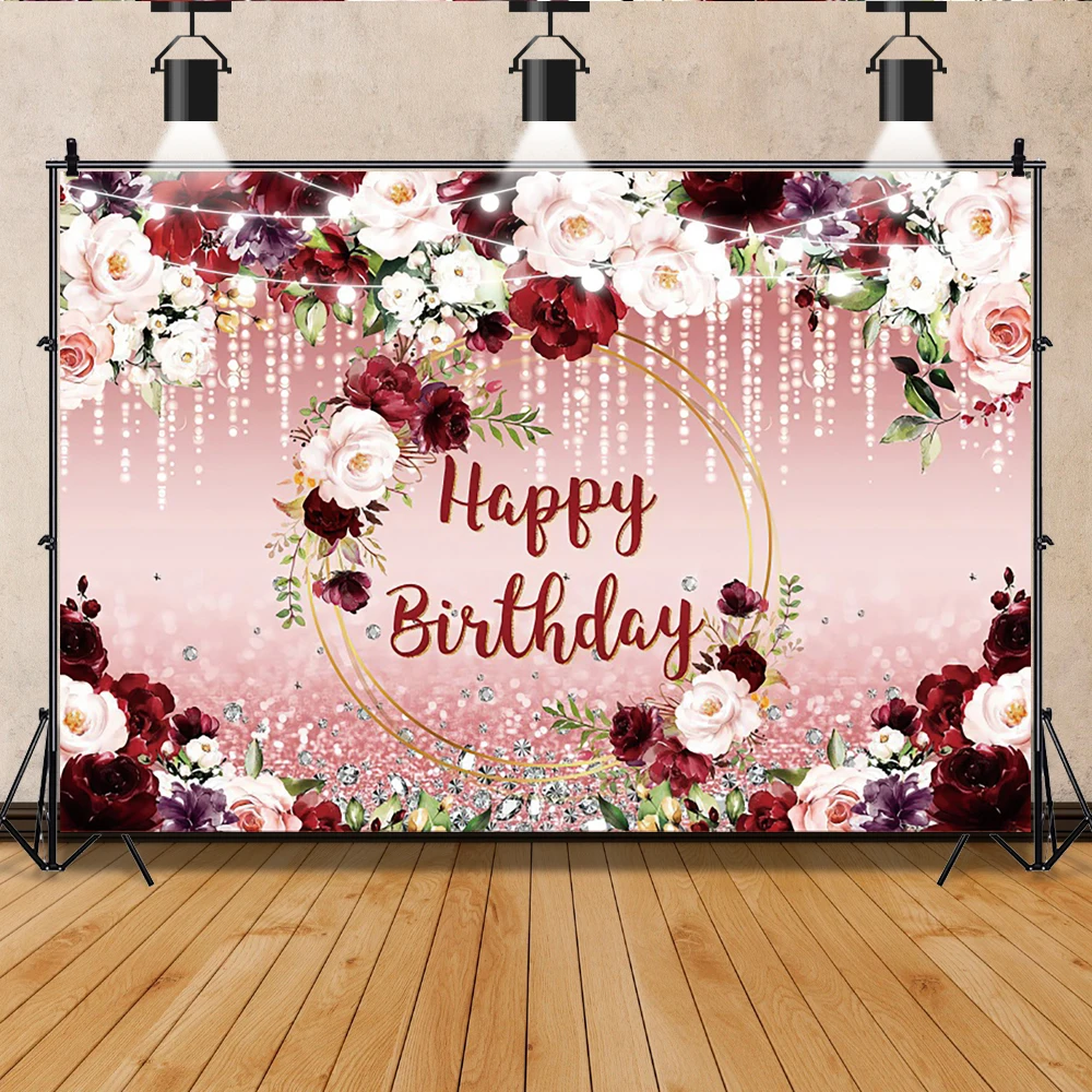 Laeacco Burgundy Floral Happy Birthday Backdrop Rose Gold Glitter Bokeh Spots Women Girls Portrait Custom Photography Background