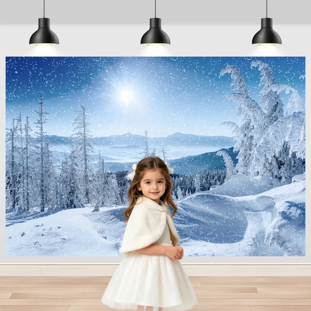 Winter Snow Forest Photography Backdrop Christmas Blue Sky Snowflake Background for Kids Family Party Portrait Photo Booth Prop