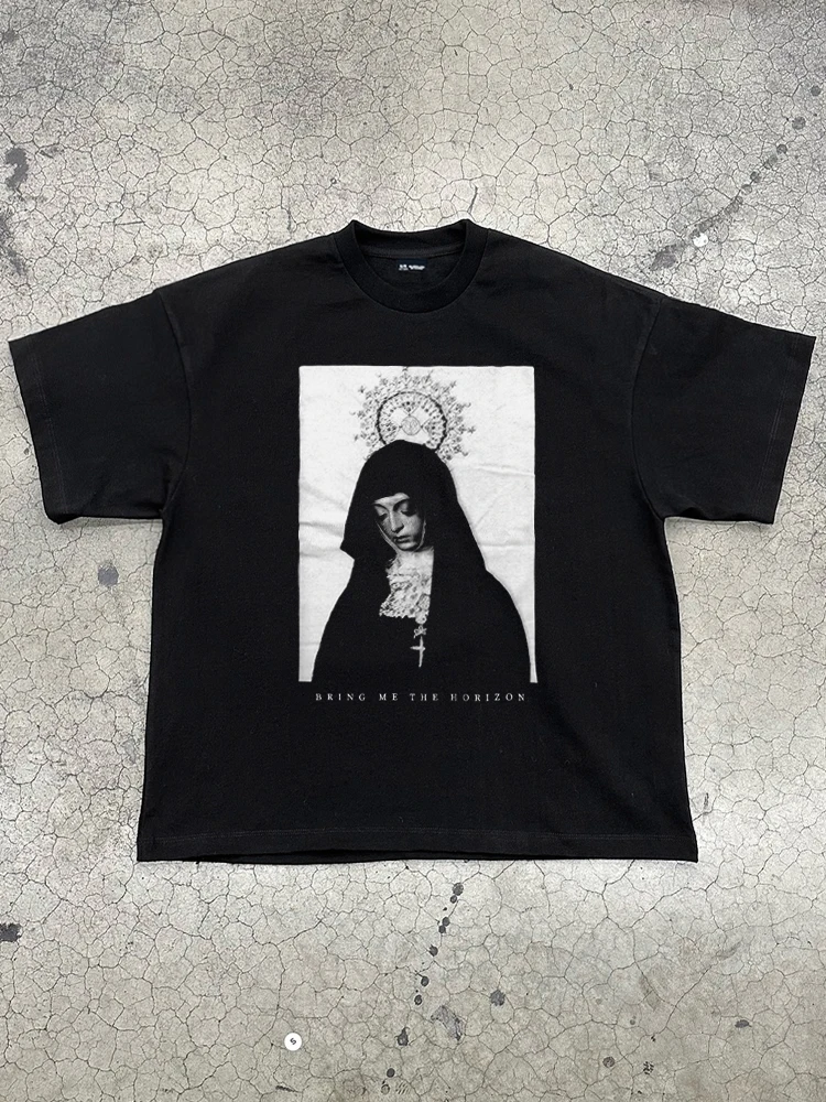 

Y2K Goth Niche Dark Nun Print Short-sleeved T-shirt 2026 New Vintage High Street Pure Cotton Top for Men and Women