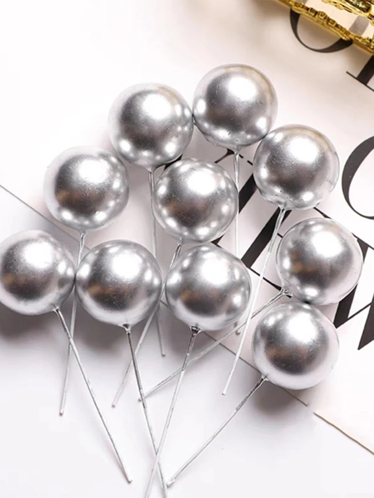 كعكة إدراج 3 سم كرة ذهبية كرة فضية، فاكهة رغوية، كرة صفراء وبيضاء وزرقاء ووردية، تزيين الكيك #2