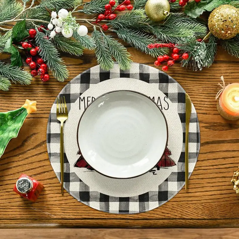 VIKAMA Round Buffalo Plaid Christmas Placemats Xmas Tree Merry Christmas Dining Table Home Kitchen Holiday Decor